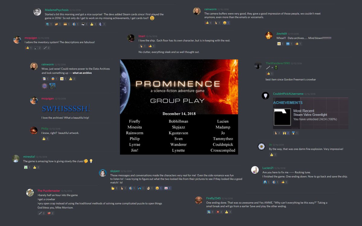 prominencegame's tweet photo. Congratulations and cheers to the brave adventurers who made the Group Play of Prominence a hit! 🚀 Here are some highlights from the player chats during the game. Thanks to @AgustinCordes @elizabethlucett and the @Senscape discord team for hosting the event! https://t.co/CBtfM1nOL2