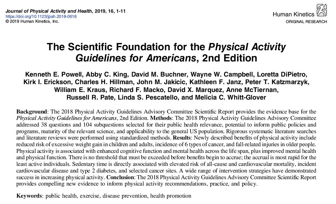 JPAHjournal's tweet photo. We're thrilled to publish "The Scientific Foundation for the Physical Activity Guidelines for Americans, 2nd Ed.", authored by many of the leading researchers in #PhysicalActivity who served on the Advisory Committee. #OpenAccess: https://t.co/mAy7xfhLEX #publichealth #obsity https://t.co/WStBGsCf6M
