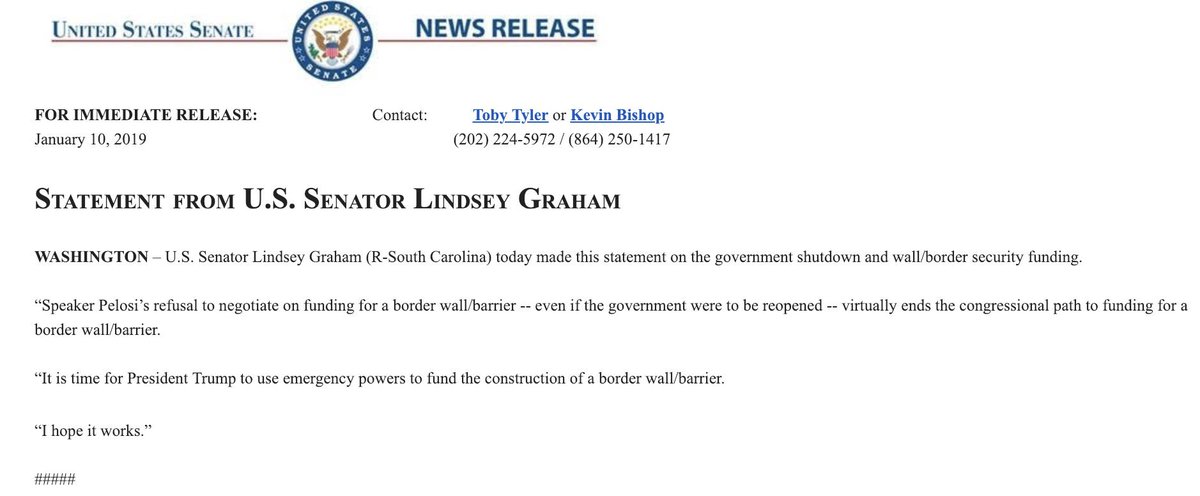 BREAKING: Sen. Lindsey Graham calls for President Donald Trump to use "emergency powers to fund the construction of a border wall/barrier."
