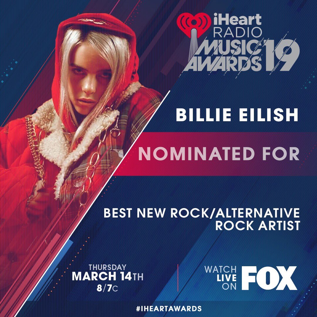 BEilishToday's tweet photo. @billieeilish is nominated for "Best New Rock / Alternative Rock Artist" at #iHeartAwards. RT to vote!

#BestNewRock #BillieEilish https://t.co/vOtzYtxedp