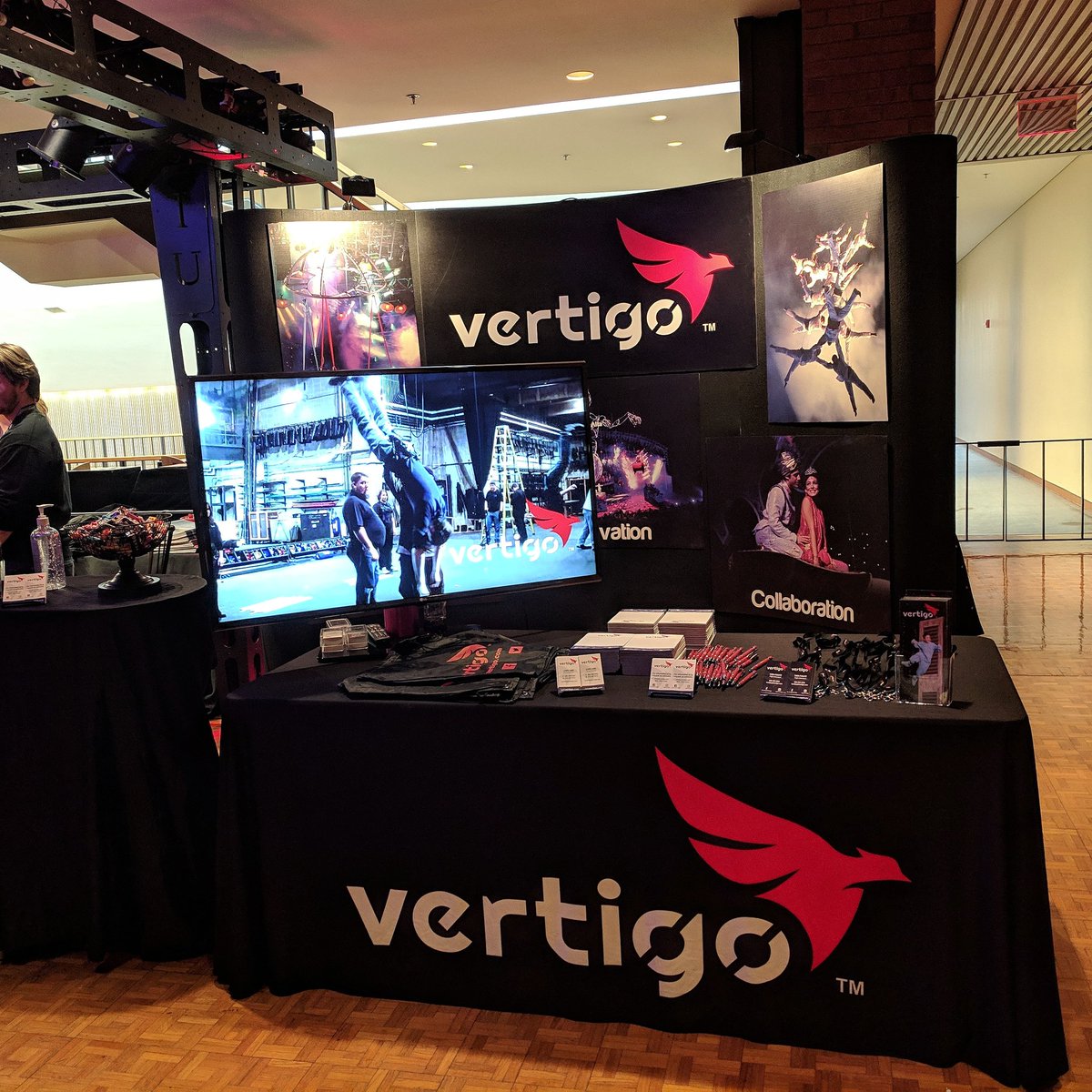 getvertigo's tweet photo. All set up at Illinois High School Theatre Fest! Come visit Lewie and Tara at our booth and chat about Flying Effects. We love to share our passion! We'll be waiting! 
#ihstf #ihstf2019 #getvertigo #FlyingFX #TheatricalFlying #theatricalrigging https://t.co/mbh0L441QY https://t.co/WkM7NZDQxZ