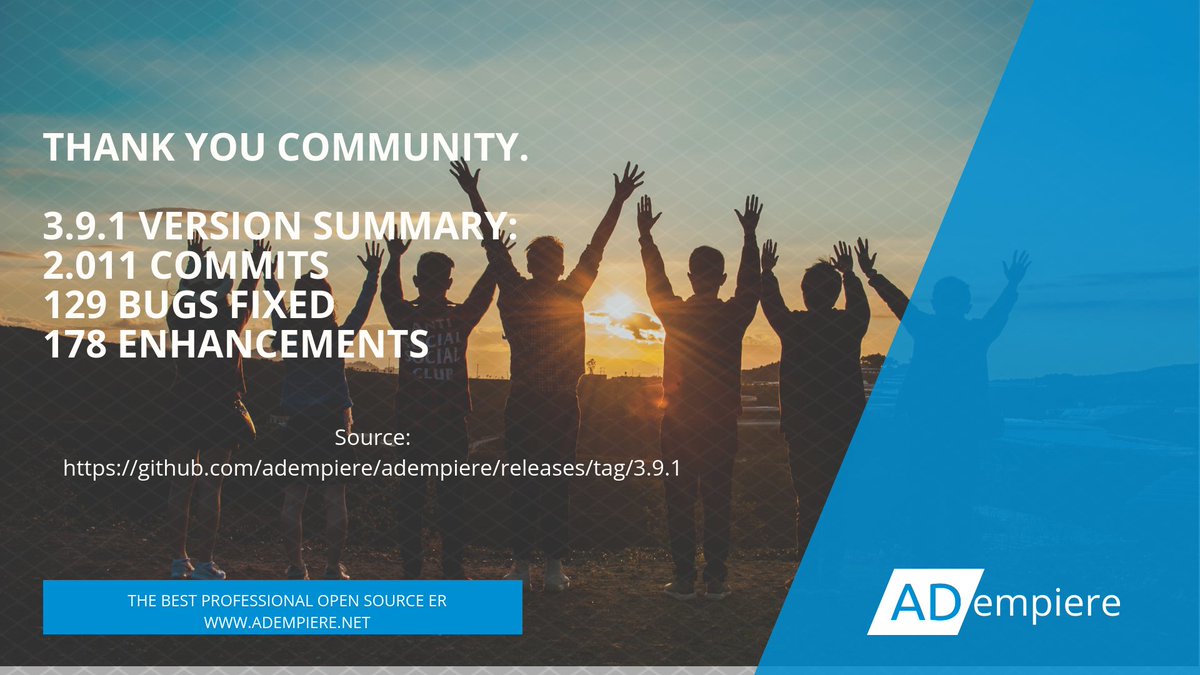 ADempiereERP's tweet photo. Thank you community !!
Great work
We are the Best Professional Open Source ERP
#ERP #opensource @adempiere @ADempiereERP 
https://t.co/ncO4hj22bE https://t.co/RYjfiRgumR