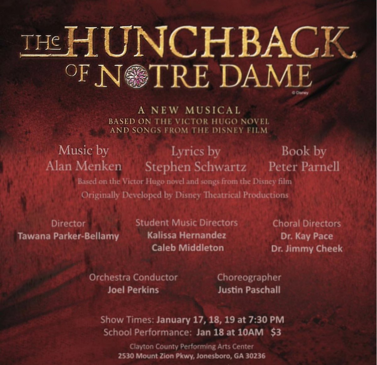 @StilwellSOA presents “The Hunchback of Notre Dame” next Thursday, Friday &amp; Saturday. Tickets may be purchased in Stilwell’s front office or at the door. <a href="/StilwellStringz/">M.E. Stilwell School of the Arts Orchestra</a> @stilwelltheatre <a href="/StilwellChoir/">Stilwell Advanced Mixed Choir</a> <a href="/CCPSNews/">Clayton County Public Schools</a> @MorceaseBeasley #ccpsartslife