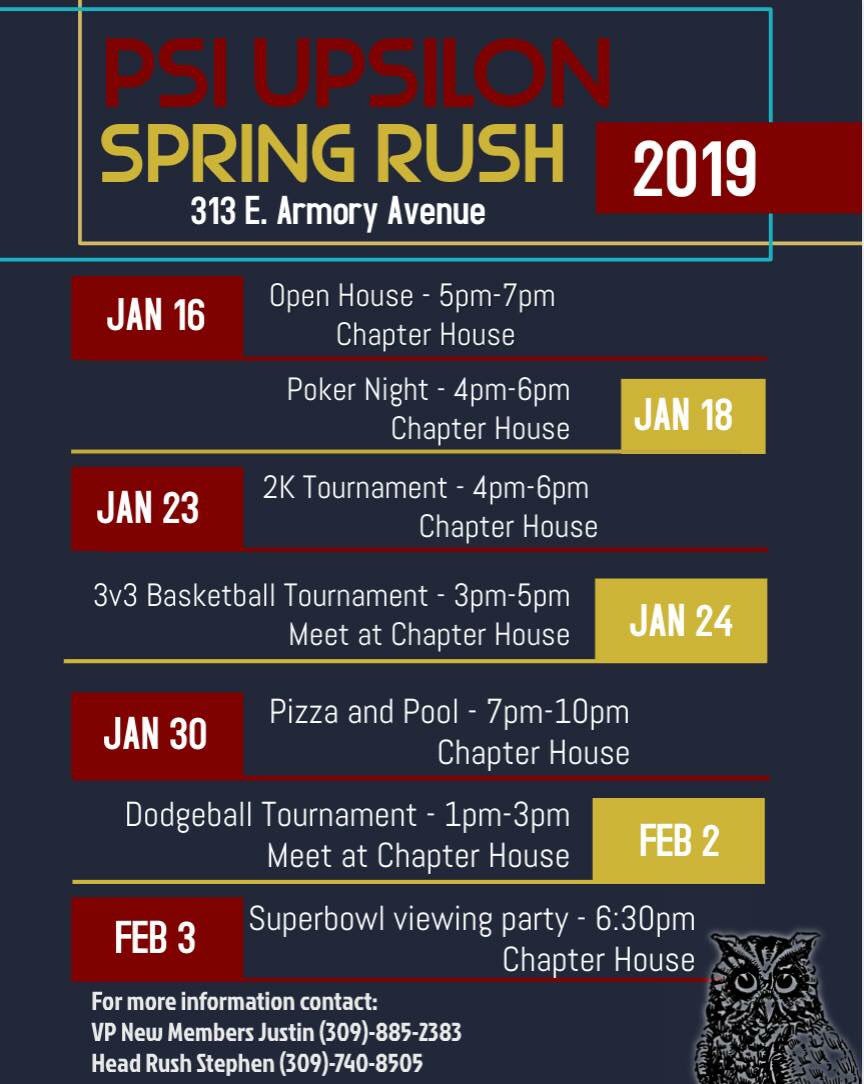 Excited to have finalized our spring rush schedule for this upcoming semester. Be sure to contact either of the numbers at the bottom of the flyer to receive texts about all of our events!
#RushPsiU