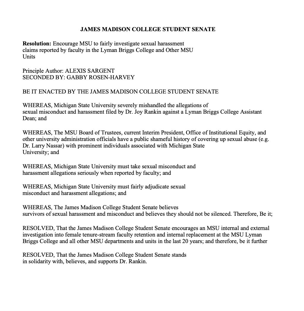 JMCSenate's tweet photo. Yesterday, the JMC student senate passed a resolution in support of Dr. Joy Rankin. The JMC student senate stands in solidarity with Dr. Rankin and all survivors. https://t.co/zgA8XilW3z