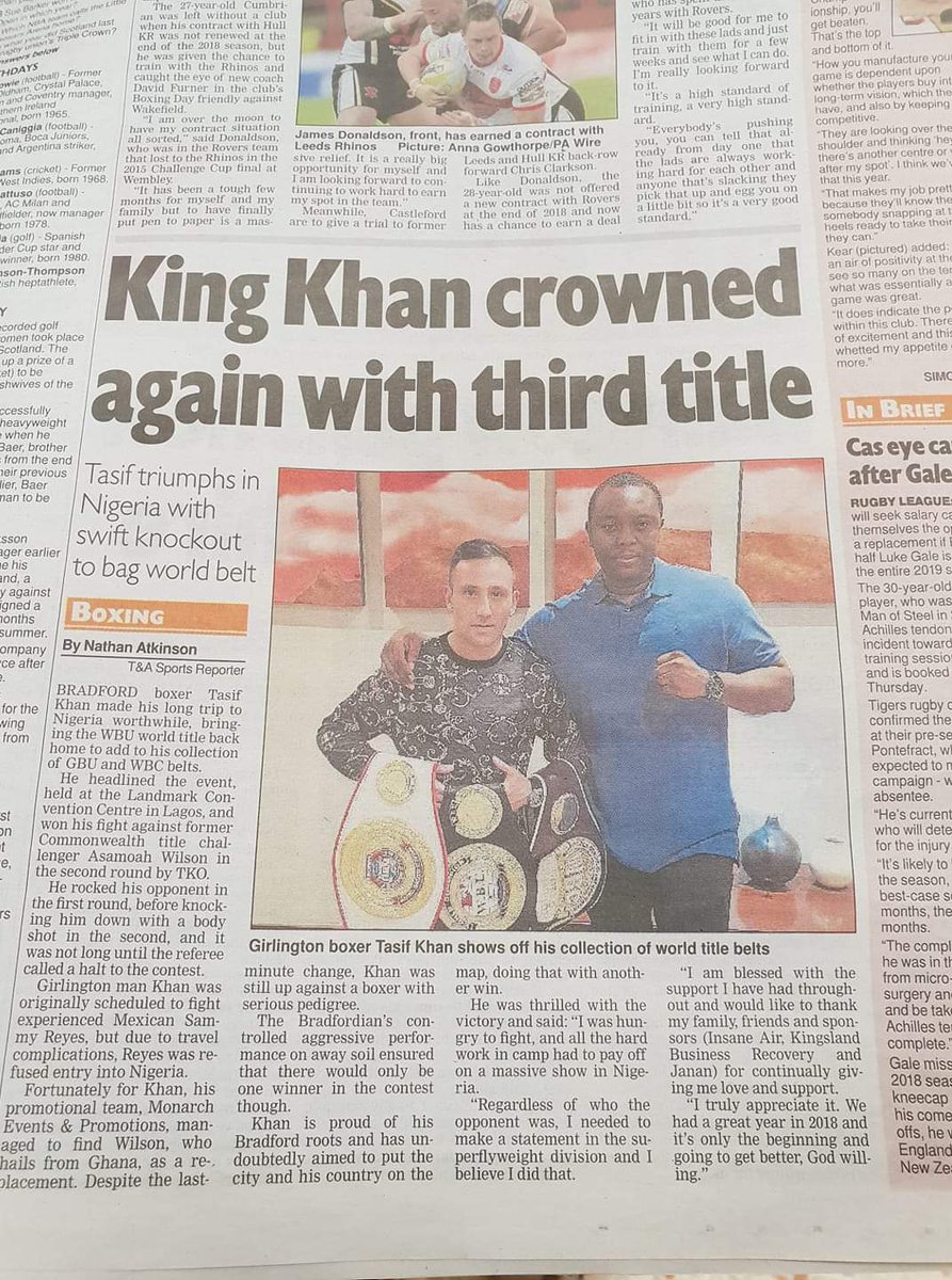 TasifKboxer's tweet photo. With the main man himself Prince Stanley Williams of Monarch promotions @boxfestglobal media coverage following our WBU world Title win recently in Lagos.
#TheA-Team #MonarchPromotions https://t.co/EhCuYDWowT