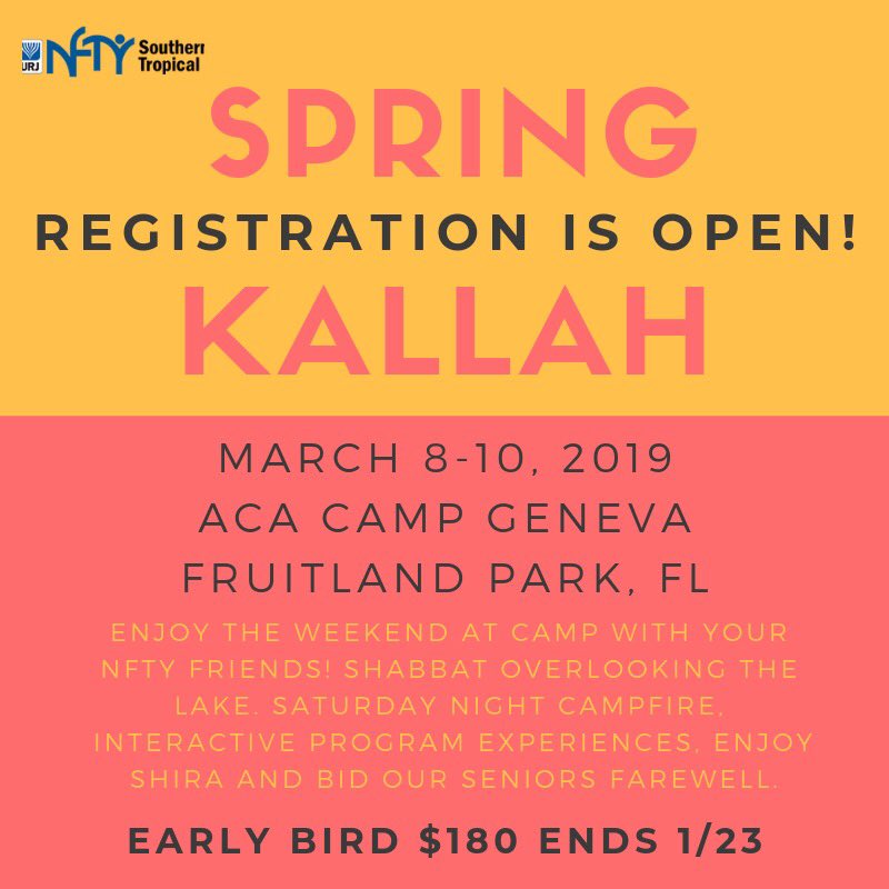 The moment you’ve all been waiting for.... Spring Kallah registration is officially open!! You won’t want to miss the chance to join our NFTY community for the last Kallah of the year!! Sign up at southerntropical.nfty.org