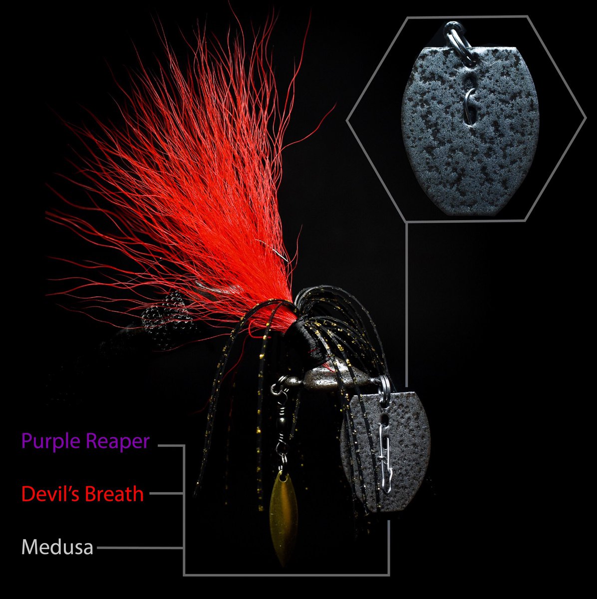 NCB_LureCo's tweet image. “Cracked Steel” textured paint is now equipped on Purple Reaper, Devil’s Breath and Medusa patterns! This style paint blends together a deep metallic silver with interstitial black blotches. The finish has a textured feeling and look to it, creating a more realistic surface.