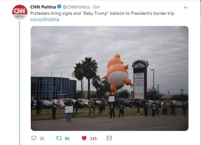 Domingotexas's tweet photo. Via @CNN: Protesters bring signs and "Baby Trump" balloon to President's border trip.
Read more: https://t.co/0uS82AmixM
#LULAC #LUPE_RGV #SuVotoSuVoz #BackboneCampaign https://t.co/acCDeWvNzr