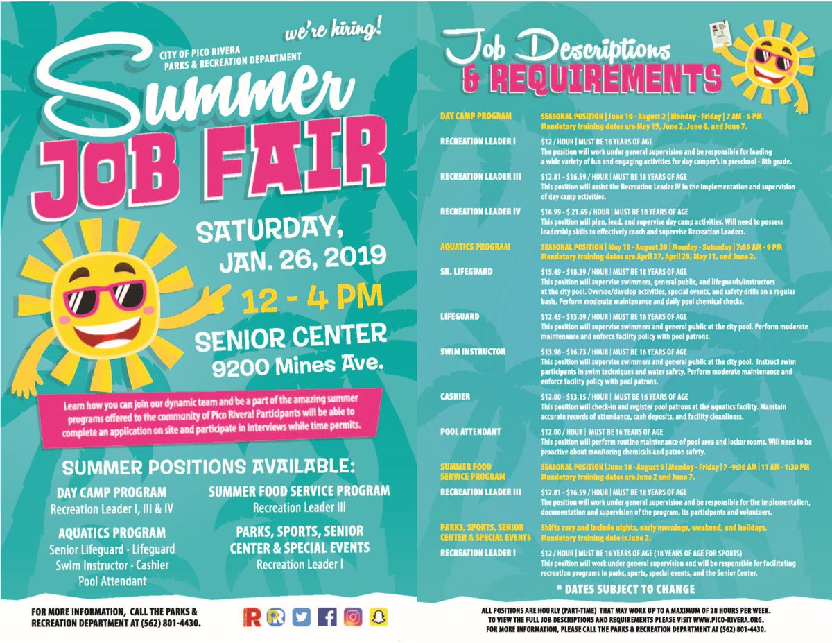 City Of Pico Rivera Official On Twitter Summer Is Just A Measly 23 Weeks Away Have You Thought About A Summer Job Yet Come On Down To The City S Recreation Summer Job Fair