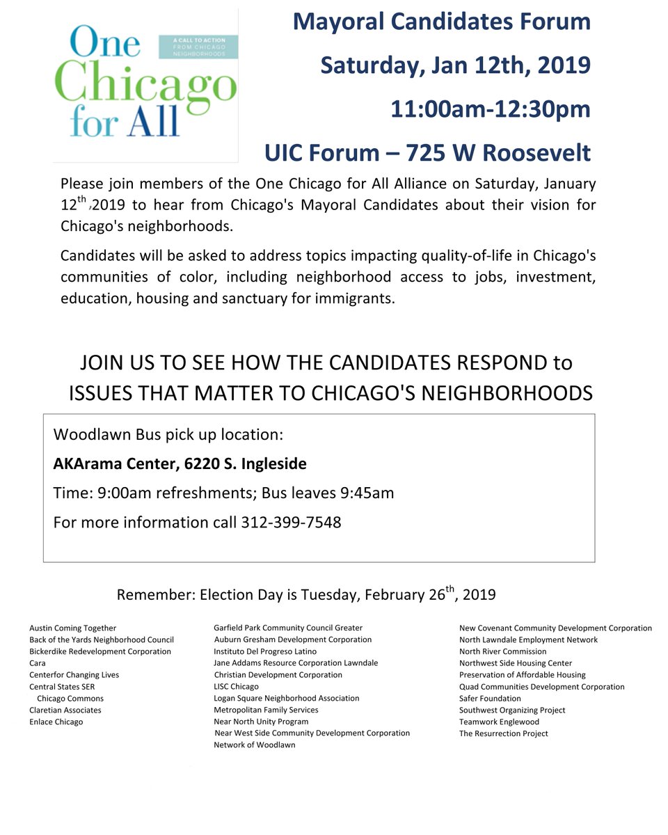 On Jan. 12, The One Chicago for All Alliance is hosting a Mayoral Candidates Forum! Please join us as we represent Woodlawn! We have about 13 seats available on the bus leaving from the Woodlawn area at 9:45am. Details on the flyer below. Please DM for more info!