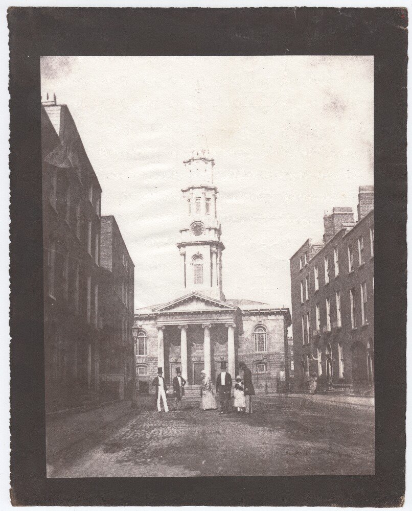 Tweeted this image before but this is higher quality. Calotype image of people on Hardwicke St, Dublin, in front of St George's Church, in about 1845, one of the oldest extant images of Dublin.