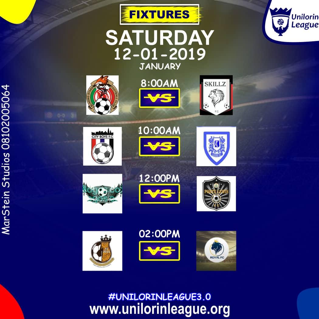 unilorinleague's tweet photo. #UnilorinLeague Week 5 Fixtures
Saturday 12th January, 2019:
08:00am FC Blazing Stars vs @fc_skillz #FCBvsSKZ
10:00am @CityboysA vs Leeds FC #CTBvsLDS
12:00pm @h_highfc vs Forte Lewis FC #HHIvsFFC
02:00pm @fc_zeusofficial vs @Royalfc3 #FCZvsRFC https://t.co/yqFfy0HVUl
