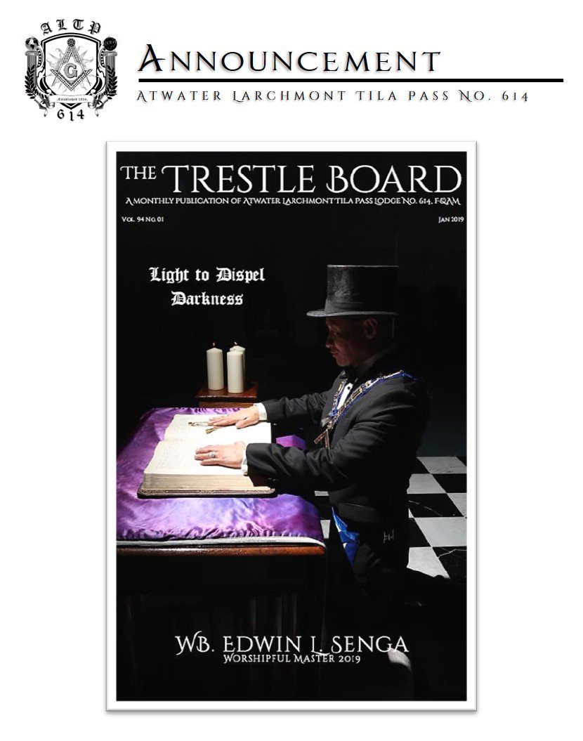 Altp614Masons's tweet photo. The Trestle Board - January Issue. To download a copy please click the link below: https://t.co/zUIRyI9V42 … #altp614 #freemasonry #wearemasons #masonsofcalifornia @MasonsofCA https://t.co/9gUYZwXBrg