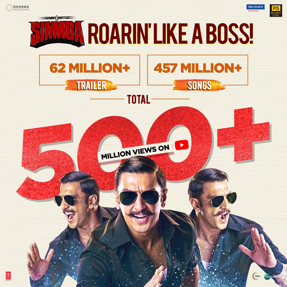 Simmba (@simmbathefilm) on Twitter photo The #Simmba phenomenon is getting bigger and bigger! Thank you for the 500 million love on our trailer and songs! 😍
#SimmbaInCinemasNow <a href="/RanveerOfficial/">Ranveer Singh</a> #SaraAliKhan <a href="/SonuSood/">sonu sood</a> #RohitShetty @karanjohar @rspicturez <a href="/RelianceEnt/">Reliance Entertainment</a> <a href="/DharmaMovies/">Dharma Productions</a> <a href="/TSeries/">T-Series</a> The #Simmba phenomenon is getting bigger and bigger! Thank you for the 500 million love on our trailer and songs! 😍
#SimmbaInCinemasNow <a href="/RanveerOfficial/">Ranveer Singh</a> #SaraAliKhan <a href="/SonuSood/">sonu sood</a> #RohitShetty @karanjohar @rspicturez <a href="/RelianceEnt/">Reliance Entertainment</a> <a href="/DharmaMovies/">Dharma Productions</a> <a href="/TSeries/">T-Series</a>