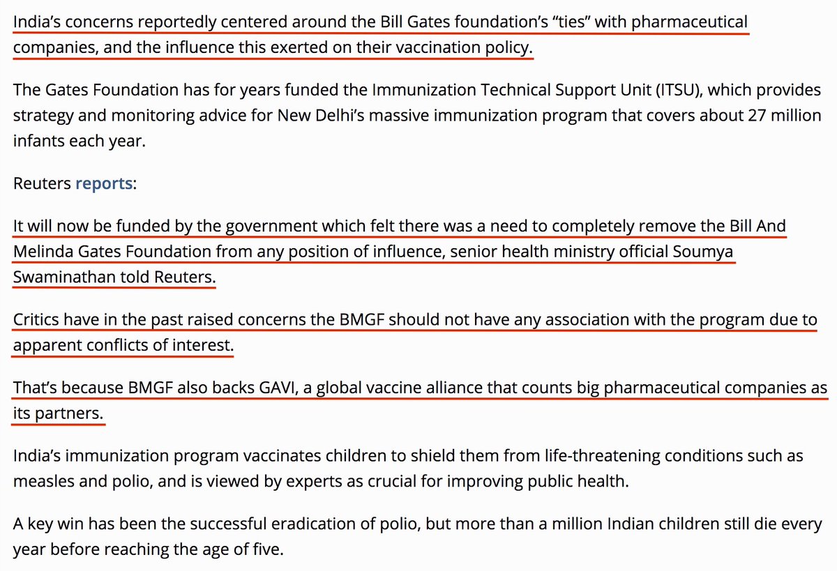 Gates Foundation Kicked Out Of India.'The Gates Foundation Has For Years Funded ITSU Which Provides Strategy And Monitoring Advice For New Delhi’s Massive Immunization Program That Covers About 27 Million Infants Each Year.'February 10, 2017. https://newspunch.com/india-bill-gates-vaccine/ #QAnon