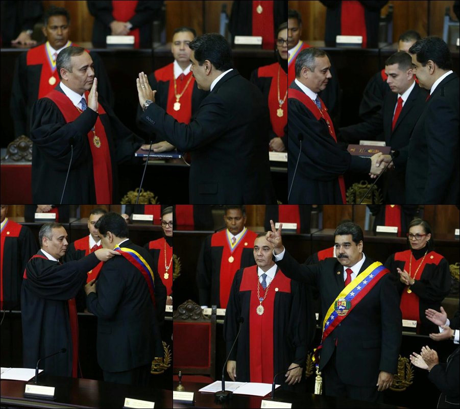 #SomosCuba El Presidente del TSJ. Maikel Moreno coloca la banda presidencial al Jefe de Estado y oficializa a @NicolasMaduro como Presidente de Venezuela para el nuevo período 2019-2025. @DiazCanelB