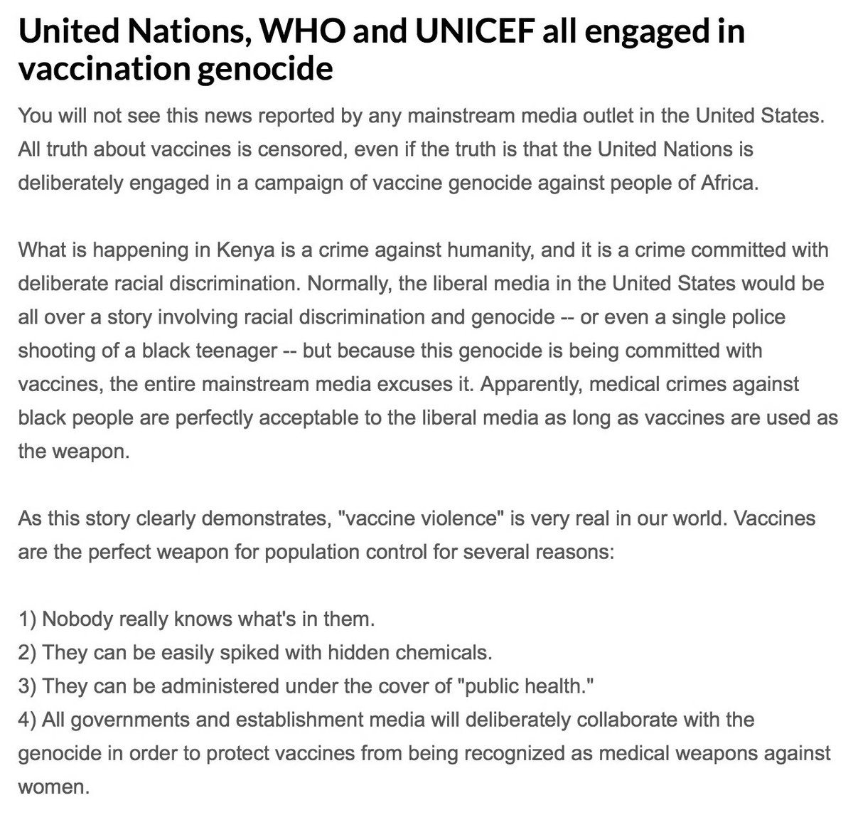 Tetanus Vaccines Given To Millions Of Young Women In Kenya Have Been Confirmed By Laboratories To Contain A Sterilization Chemical That Causes Miscarriages. Vaccines Was Pushed By UNICEF And The World Health Organization.November 8, 2014. https://www.naturalnews.com/047571_vaccines_sterilization_genocide.html #QAnon  @potus