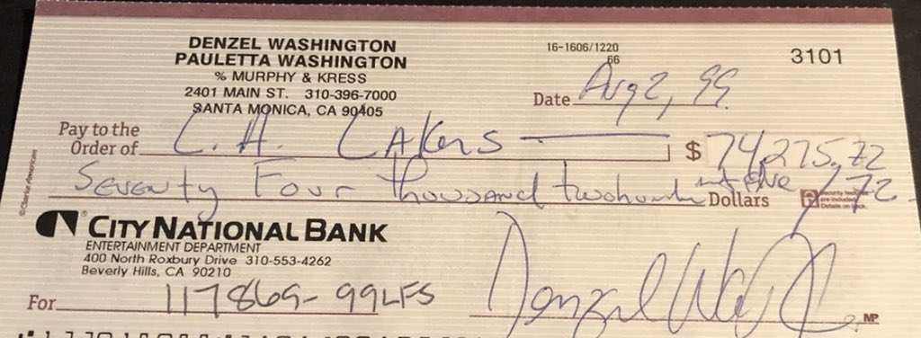 darrenrovell's tweet photo. Big check enters my check collection tonight. It’s Denzel Washington paying for two courtside seats to the Lakers 1999-2000 championship season. It was $863.32 per seat, per game. https://t.co/LcbX5tJ8qC