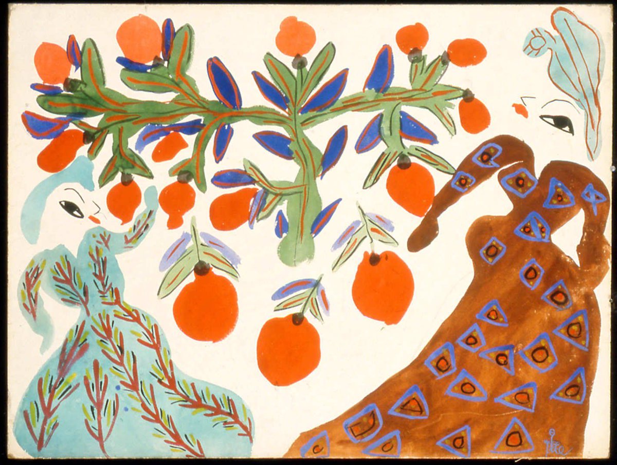 Baya had her first exhibition at the age of 16 in Aimé Maeght’s gallery, Paris. She is known for having influenced Picasso and Matisse. Picasso’s Women of Algiers series was inspired by her.Baya, Women and orange trees on a white background, gouache on board, 1947  #art  #algeria