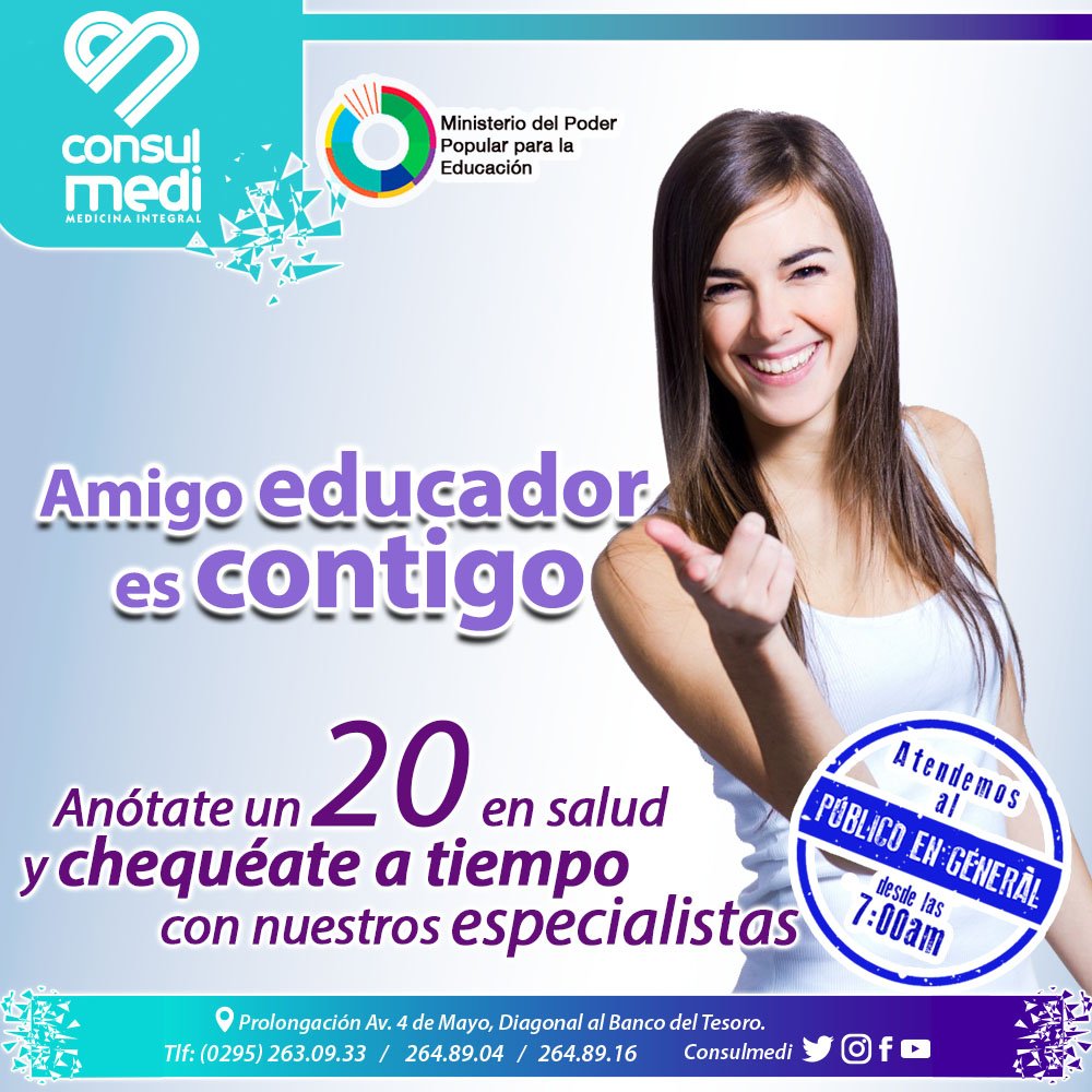 ConsulMedi's tweet photo. Si eres empleado del #MinisterioDeEducación siempre recibe la mejor atención médica en nuestras instalaciones
#ConsultasMedicas
#Laboratorio
#RayosX
#Ecografías
#AtencionPrimaria
#AlcuidadodetuSalud
#Consulmedi
#IslaDeMargarita https://t.co/xu1uNLVx07