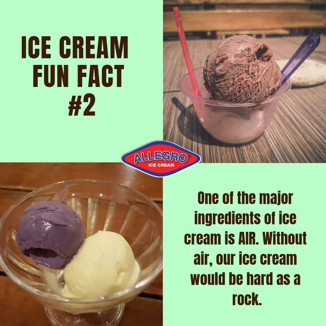 Allegroiceph's tweet photo. Fun fact Friday. The main role of air in ice cream is to make it soft. Without air our ice cream would be more like a popsicle. #Allegroicecream #dessert https://t.co/k3oHNWyYxJ