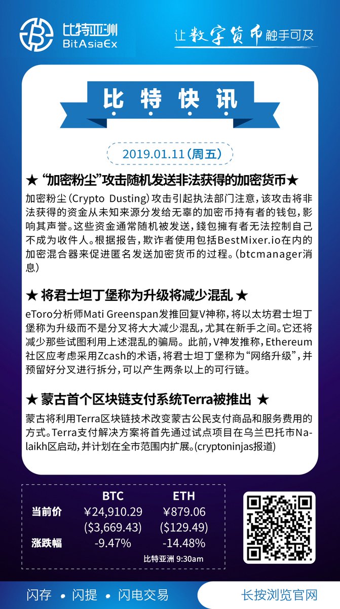 BitAsiaEx's tweet image. 2019/01/11比特亚洲快讯：
新型态加密粉尘攻击将非法取得的加密货币发送到随机钱包地址，钱包持有人无法控制不成为收件人！币友们务必提高对资产安全意识及保护，比特亚洲也会持续提供相关信息。#比特亚洲 #BitAsiaEx #BSV #Bitcoin #ETC #比特币 #数字货币 #区块链 #币圈新闻 #加密货币 #Blockchain