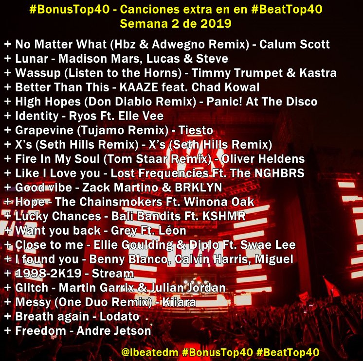 ibeatedm's tweet photo. Canciones recomendadas para la semana 2 de 2019 - ¡Vota por tu favorita! Las que tengan más apoyo, podrían estar en el #BeatTop40 #BonusTop40 #ExtraTop40 - @SoloGeneros_ https://t.co/NRJKd3sz3Z