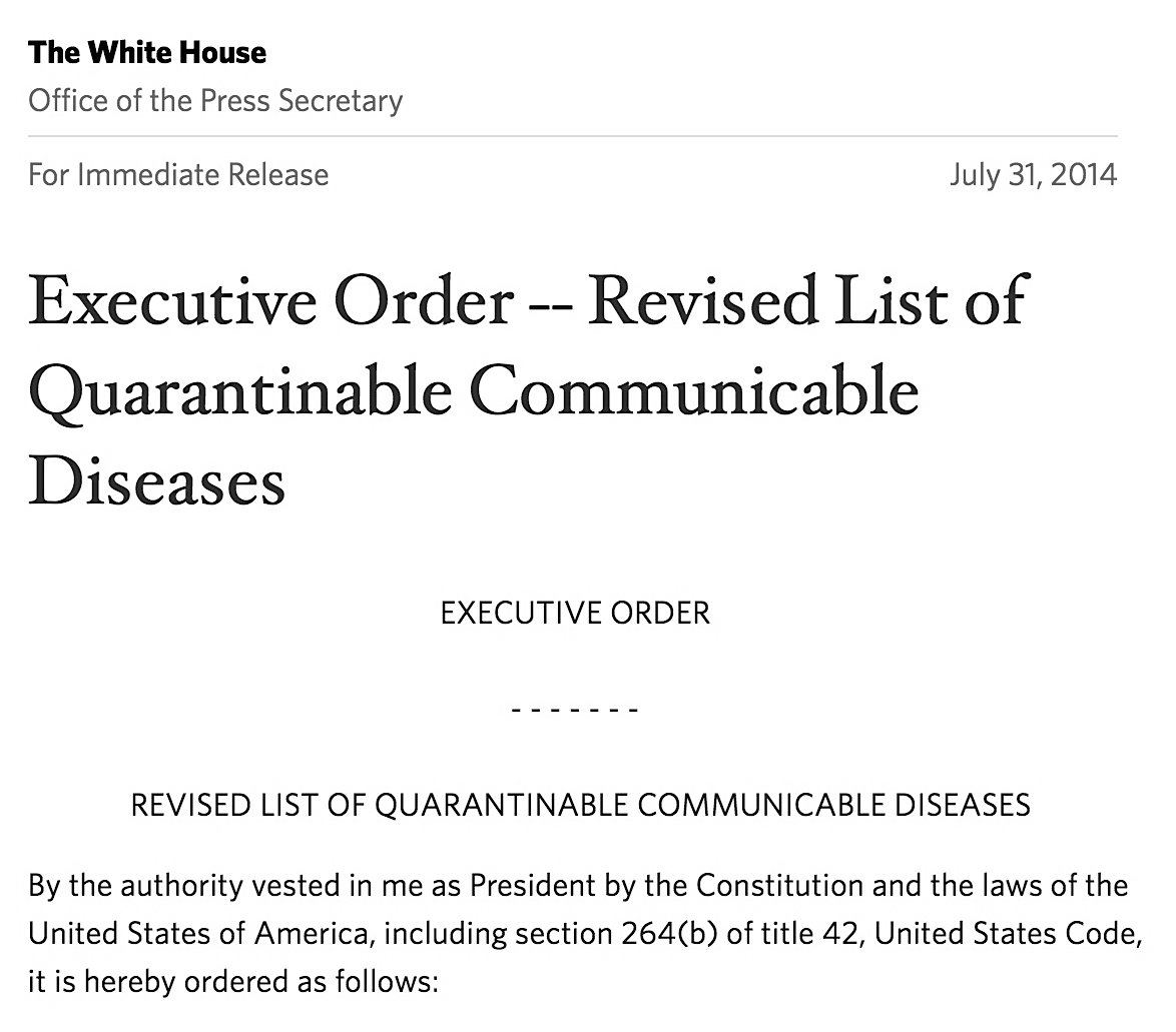 Barry Soetoro's July 31, 2014, Executive Order. 'Revised List of Quarantinable Communicable Diseases'.Don't Cough. https://obamawhitehouse.archives.gov/the-press-office/2014/07/31/executive-order-revised-list-quarantinable-communicable-diseases #QAnon  #Vaccine  #GreatAwakening  @potus