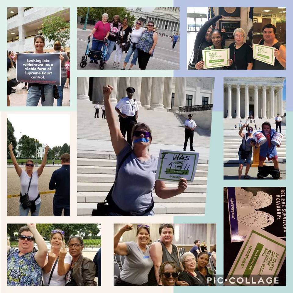 DesireeAlliance's tweet image. TB. In DC with comrades protesting the SCOTUS nomination/confirmation of Kavanaugh. Thanks @TamiHaught68 for the collage! I'm either fist pumping or flipping the bird lol! #NoInbetween