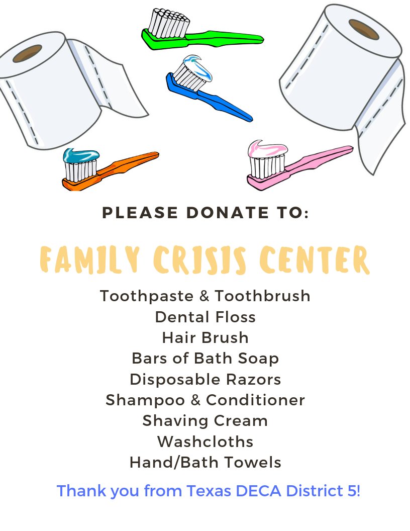 Please help out the Family Crisis Center by holding a donation drive within your chapter/school! Bring all of your donations to District CDC on January 19. We are excited to see y'all soon!