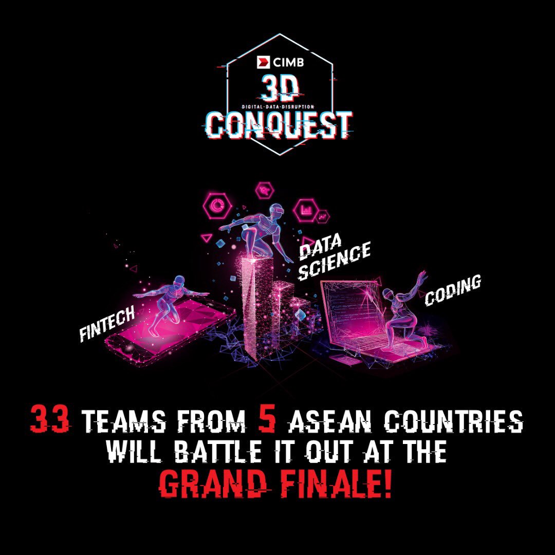 hamidahnaziadin's tweet photo. Who will be the best in Data Science, Coding or FinTech in ASEAN? Watch out for the final battle of CIMB’s 3D Conquest on 17 &amp; 18 Jan 2019 at MaGIC, Cyberjaya, where 33 teams from 🇲🇾🇲🇨🇸🇬🇹🇭🇻🇳will be competing to win cash prizes totalling USD48,000 &amp; a trip to Silicon Valley. https://t.co/Fvy9k7hxlT