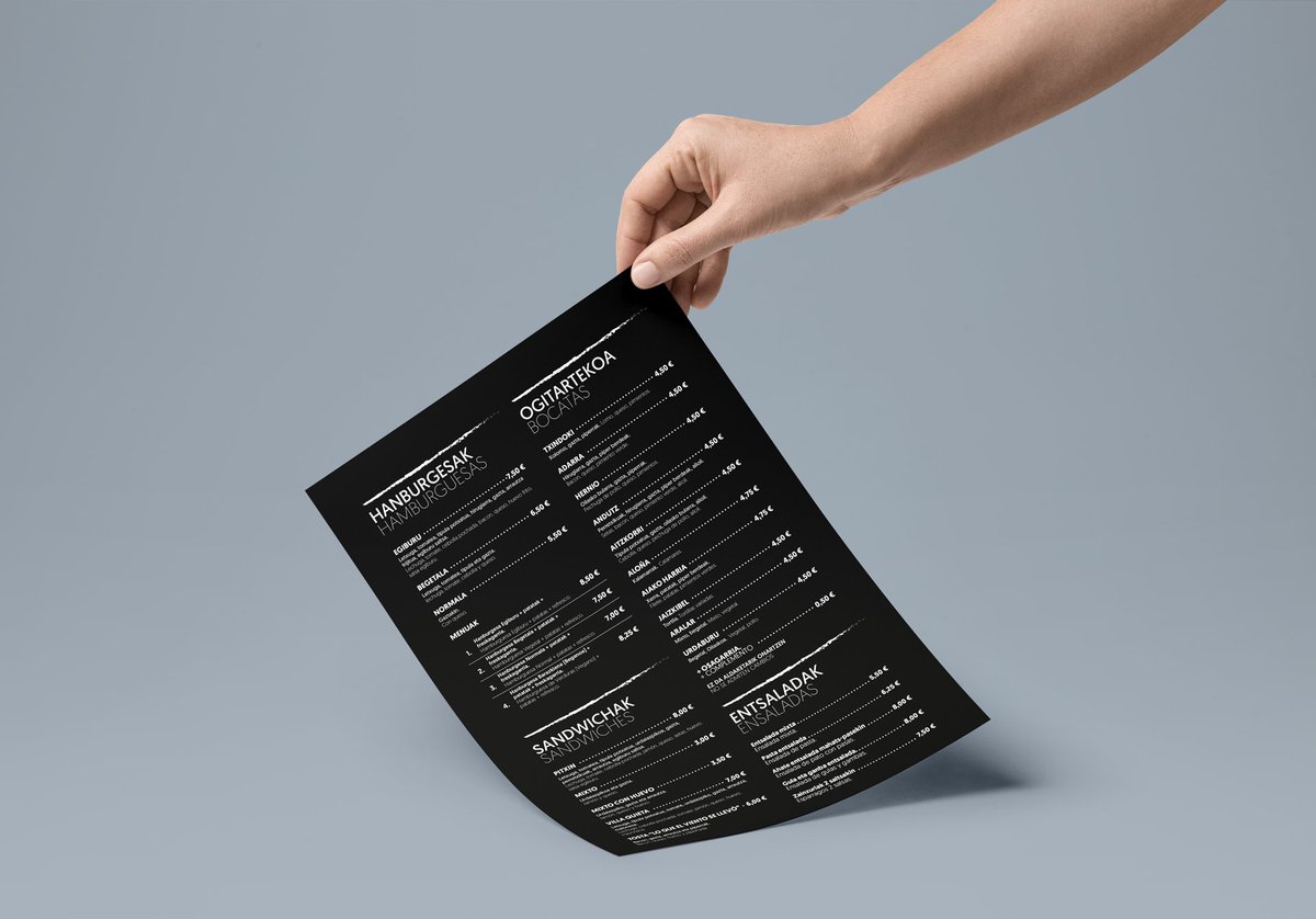 Paper beltzaren gainean tinta txuriarekin inprimatutako karta, Egiburu jatetxearentzat. Ostiral on!!! 🍻🌮
-------------------------------
Carta impresa con tinta blanca sobre papel negro, para el restaurante Egiburu. ¡Buen viernes!! 🥪🍻