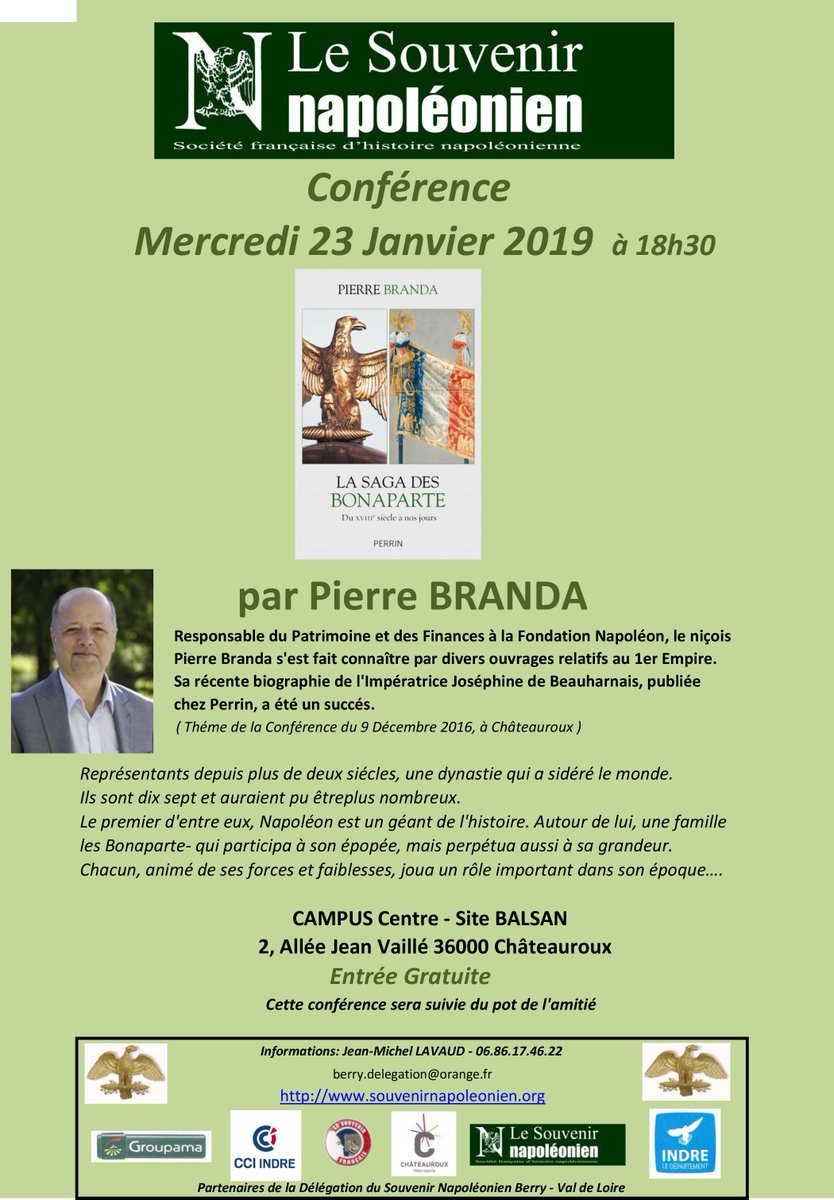 #PierreBranda, #historien et responsable du #patrimoine à la Fondation #Napoléon, animera une #conférence consacrée à ’’La #saga des #Bonaparte‘’ du XVIIIe siècle à nos jours, mercredi 23 janvier à 18h30, à @eco_campus. Accès #gratuit. #Châteauroux 
chateauroux-metropole.fr/agenda-247/la-…