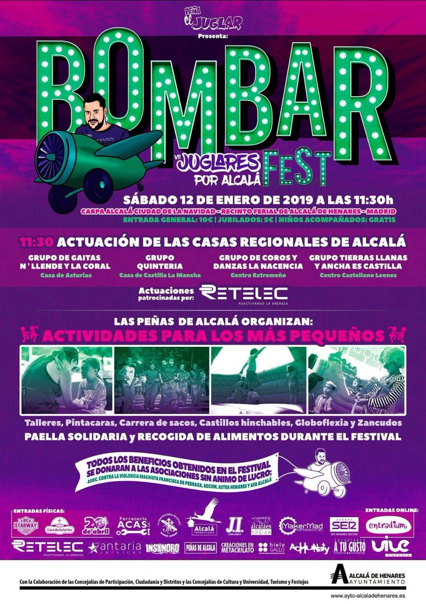 🎉 Este sábado, la <a href="/PJuglar/">Peña El Juglar</a> organiza "BombarFest Juglares por Alcalá"

Festival solidario con actividades para los más pequeños, música, paella solidaria y recogida de alimentos

📅 Mañana sábado 12-enero
⏰ Desde las 11.30
📌 Recinto ferial (carpa Alcalá, ciudad de la Navidad)