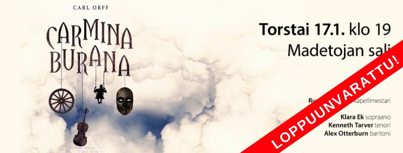 Kevään konserttikauden avaus, Carmina burana (17.1.) on toistaiseksi loppuunvarattu. Sisällä on vielä jonkin verran varauksia, joten ensi viikolla vapautuu mahdollisesti pieni erä lippuja myyntiin. Tiedotusta kannattaa seurata aivan ovimyyntiaikoihin saakka.
