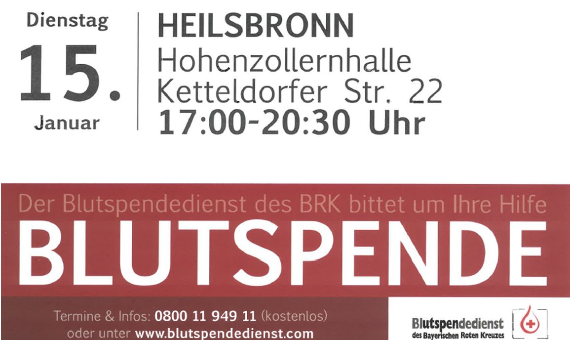 Blutspenden in Heilsbronn - Am 15.01.
Alle weiteren Infos gibt's unter blutspendedienst.com #heilsbronn #franken #mittelfranken <a href="/brkaktuell/">Bay. Rotes Kreuz</a> #roteskreuz #blutspende