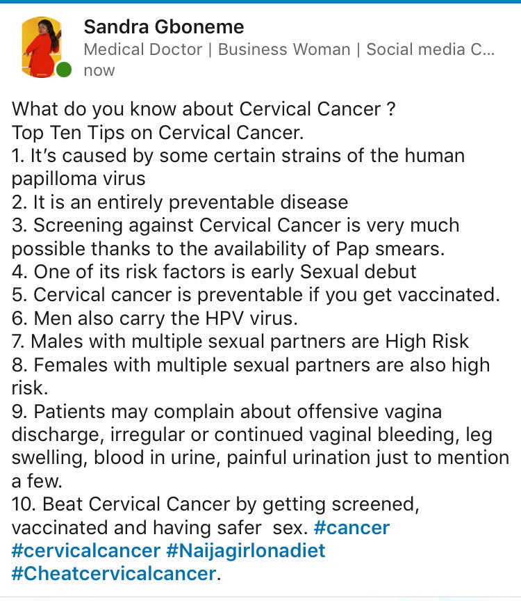 SandraGee_'s tweet image. #CheatOnCervicalCancer @SMILEWithmeNGO @Deekachy_md 

#TopTenTipsOnCervicalCancer.
