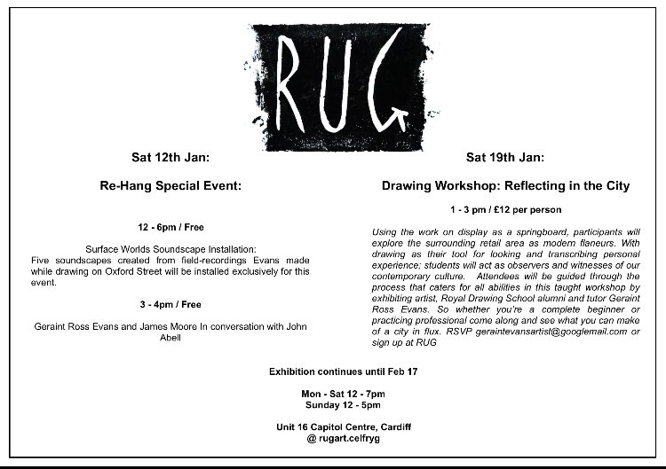 Tomorrow #Cardiff!

From 12pm: part 2 of RUG’s 1st #exhibition : a chance to see different pieces from the same bodies of #art by Geraint Ross Evans + James Moore investigating the world around us .

From 3pm there’s ‘in conversation’ with James,Geraint + <a href="/JdrAbell/">John Abell</a> . All welcome!