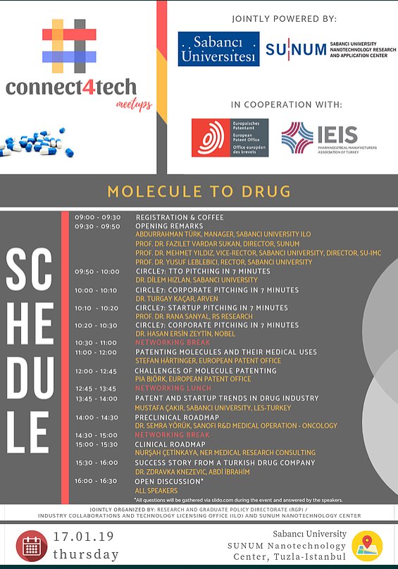 'Connect4tech Meetups: MOLECULE TO DRUG' katılımlarınızı bekliyor. sedap.titck.gov.tr/Activity/Page/5 <a href="/sabanciu/">Sabancı Üniversitesi</a>