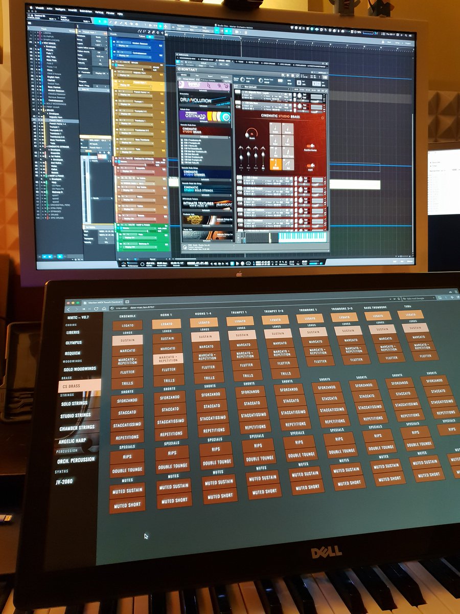 ThomasMavian's tweet image. Greatest touch controller ever! Dell multi-touch monitor running my own coded &quot;remote control&quot; via #chrome #webmidi. Instant access to all orchestral libraries key switches and even synth patches.

#diy #studio #coding #jquery #composersassistant