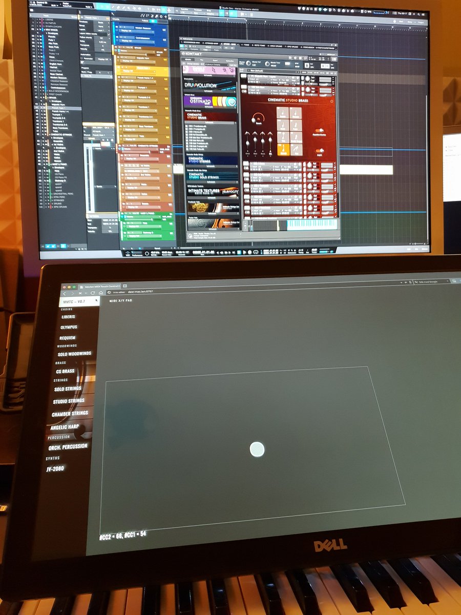 ThomasMavian's tweet image. Greatest touch controller ever! Dell multi-touch monitor running my own coded &quot;remote control&quot; via #chrome #webmidi. Instant access to all orchestral libraries key switches and even synth patches.

#diy #studio #coding #jquery #composersassistant
