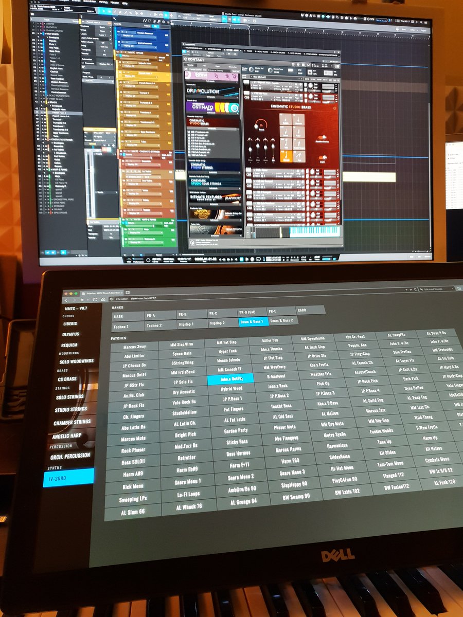 ThomasMavian's tweet image. Greatest touch controller ever! Dell multi-touch monitor running my own coded &quot;remote control&quot; via #chrome #webmidi. Instant access to all orchestral libraries key switches and even synth patches.

#diy #studio #coding #jquery #composersassistant
