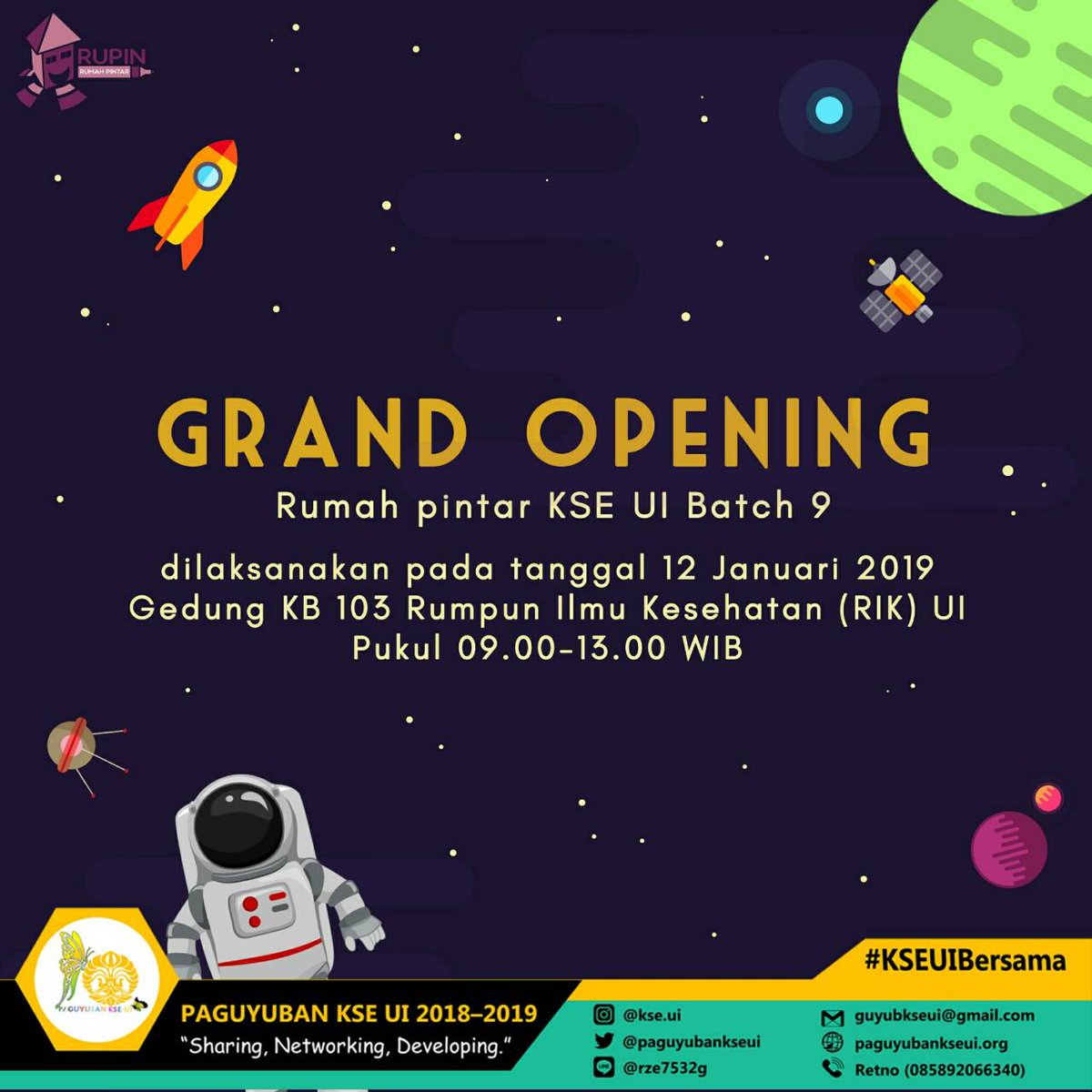 RuPinKSEUI's tweet photo. [GRAND OPENING RUMAH PINTAR KSE UI BATCH 9] https://t.co/OB0UcUiPWG
