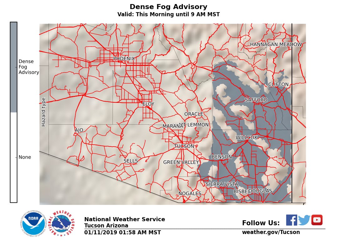 NWSTucson's tweet image. Dense Fog Advisory in effect for the valleys of #Cochise, #Graham and #Greenlee counties until 9 AM MST this morning.

Motorists should be prepared for hazardous driving conditions, with greatly reduced visibilities below a 1/4 mile at times. Stay Safe! #azwx