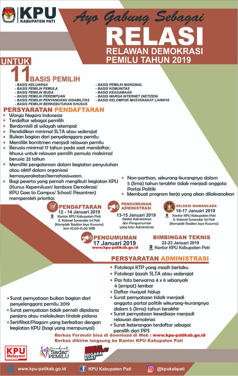 pati_kita's tweet image. Ayo Gabung sebagai Relasi @kpu_pati Relawan Demokrasi Pemilu Tahun 2019

Pengumuman lengkap dan berkas pendaftaran bisa dilihat di: kpu-patikab.go.id/pendaftaran-re…

#RelasiPati #Relasi