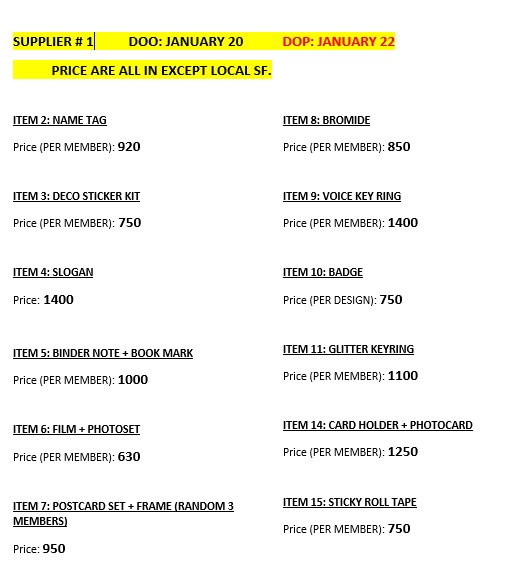 NCT 127 THE ORIGIN CONCERT GOODS PH GO

SUPPLIER #1:

PRICES ARE IN 2nd PHOTO.
PRICES ARE ALL IN EXCEPT LSF (to be paid once onhand)

DOO: JAN 20
DOP: JAN 22
MOP: BPI, Palawan, LBC

NO CANCELLATIONS.

SURE BUYERS, Reply your orders with: item number + member