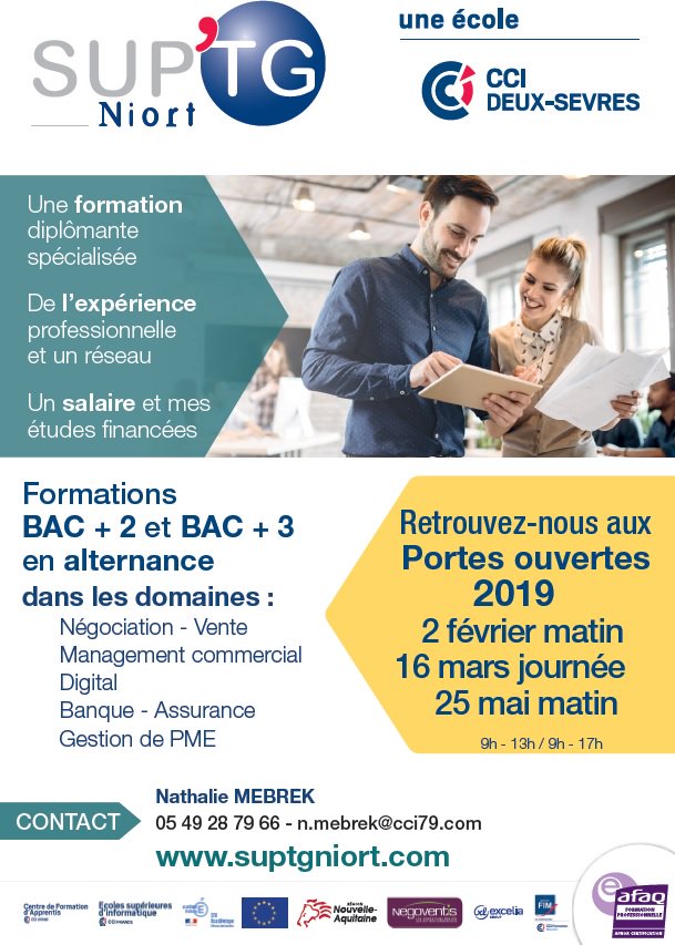 ⏳Il n'est jamais trop tôt pour s'organiser !
Les "Portes Ouvertes SUP'TG Niort" école <a href="/CCIDeuxSevres/">CCI Deux-Sèvres</a> c'est demain ! 
📌A noter les 3 samedis  !
- 2 février matin
- 16 mars journée
- 25 matin matin
#alternance #formation