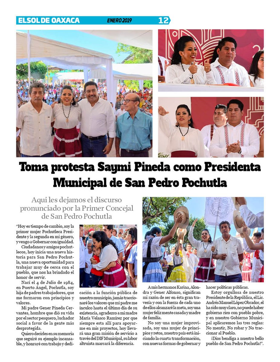 VicManOaxaca's tweet photo. #ElSoldeOaxaca #Numero279 #MesdeEnero #Pag12
* Toma protesta @saymipinedav como Presidenta Municipal de San Pedro Pochutla. #Morena https://t.co/FDdExM5b2s