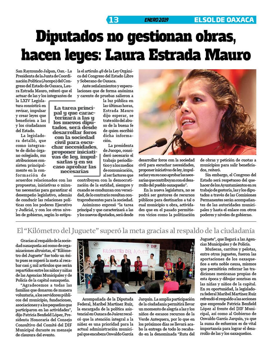 VicManOaxaca's tweet photo. #ElSoldeOaxaca #Numero279 #MesdeEnero #Pag13
* Diputados no gestionan obras, hacen leyes: @_LauraEstrada @CEEMorenaOaxaca
* El "Kilometro del juguete" supero la meta gracias al respaldo de la ciudadania. @oswaldogarciaj @helderpalacios @PriscilaAT_ @fernandamau https://t.co/Psr8BQlWM7